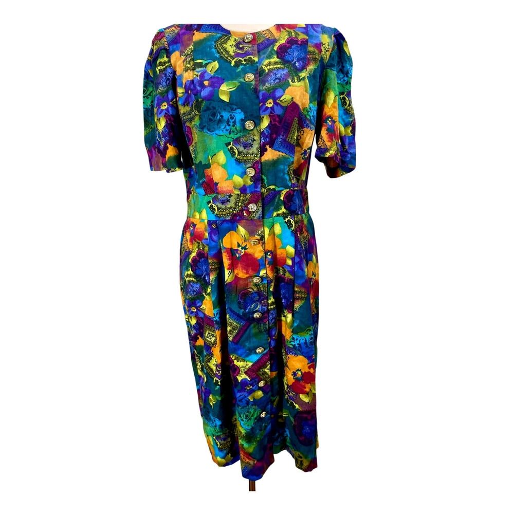 Vintage 80s Via Sant Andrea Dress Vibrant Multicolor Floral Geometric Size 12